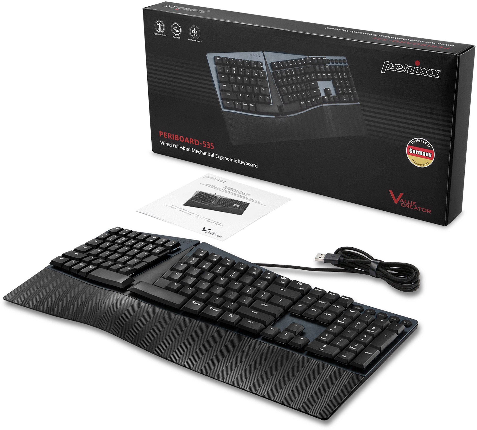 Tastierë Perixx PERIBOARD-535 BL, ergonomike, me kabllo USB, gjermane QWERTZ, e zezë