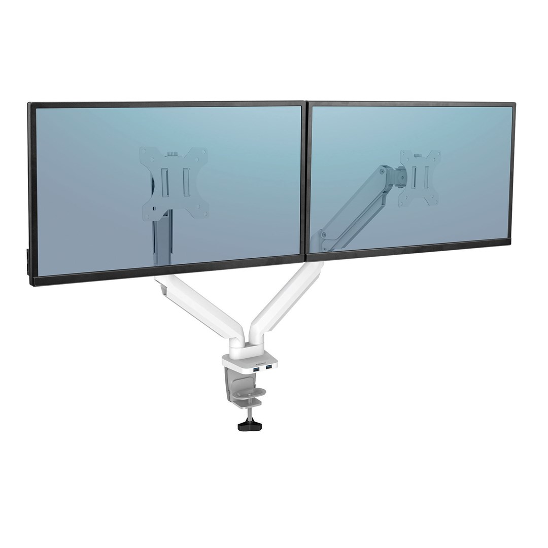 Mbajtës për dy monitorë Fellowes Platinum Series, 40", VESA, me porta USB, i bardhë