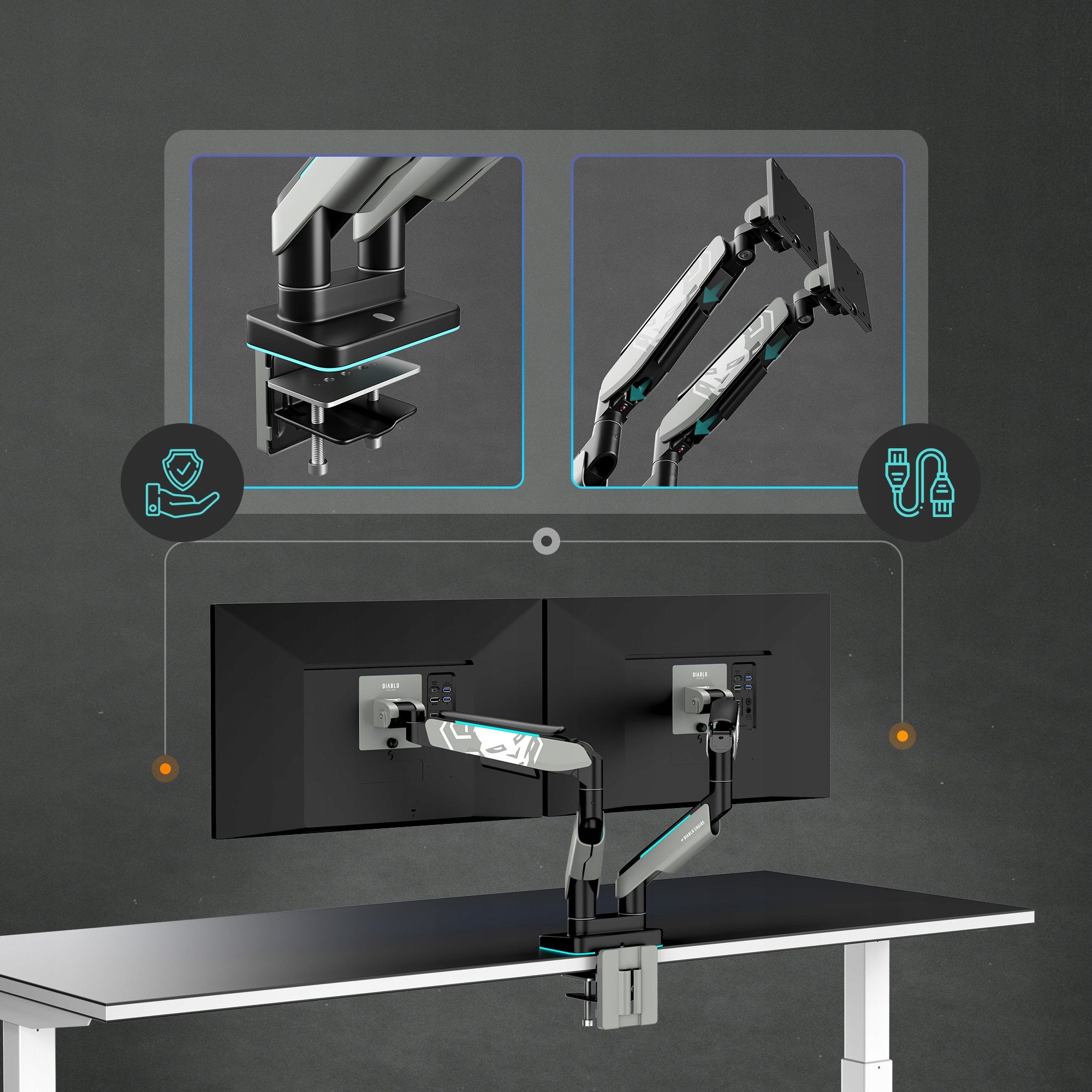 Држач за два монитори Diablo Chairs RGB X-Arm Dual, до 35\", RGB осветлување, сива и црна