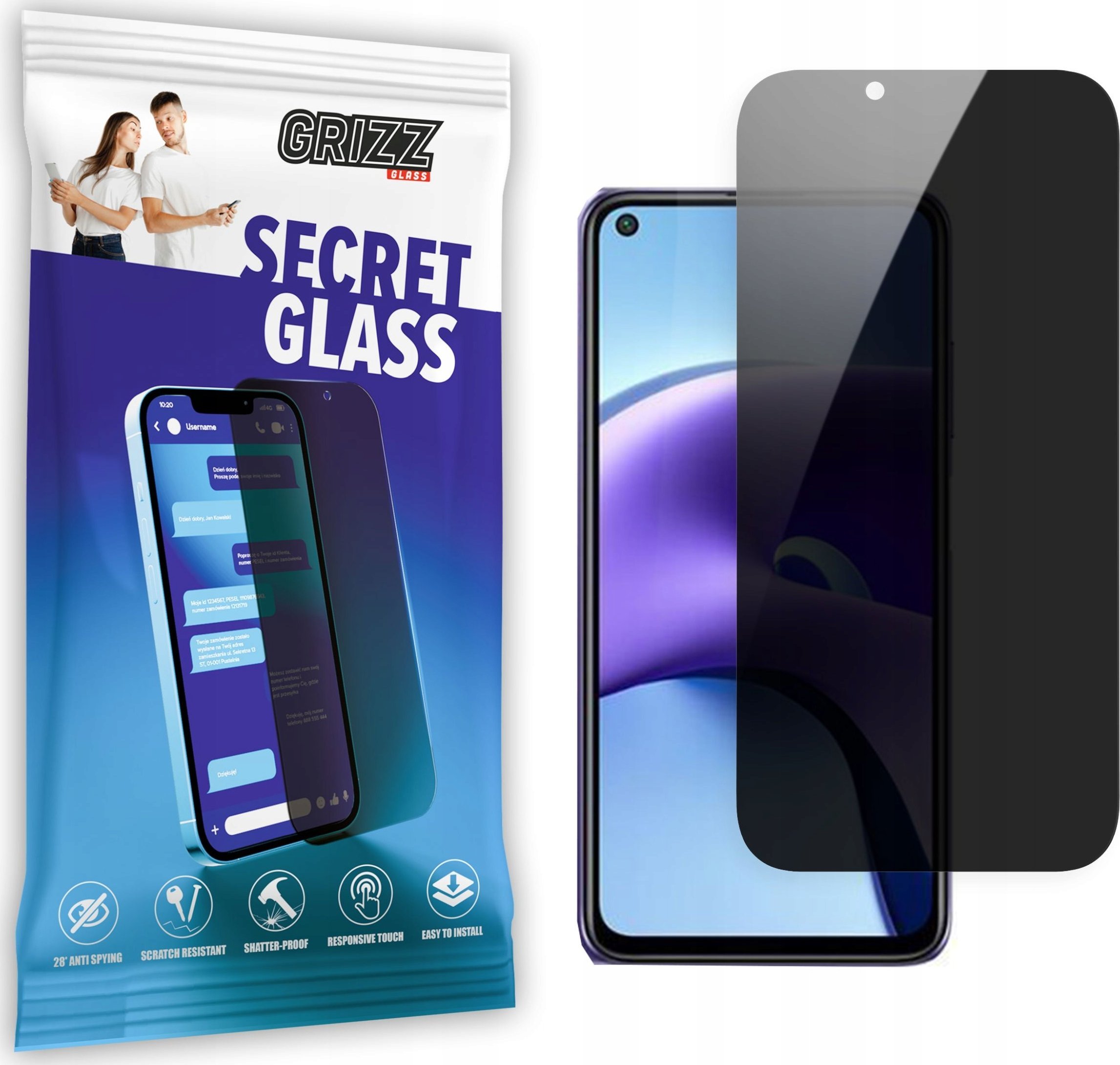 Xham mbrojtës privatësie Grizz SecretGlass për Xiaomi Redmi Note 9 5G, ekran i plotë, i zi