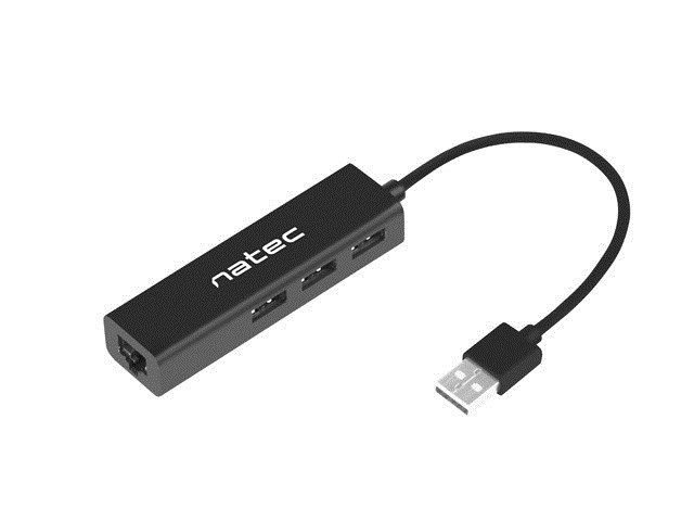 USB Hub Natec Dragonfly, 3xUSB 2.0 + RJ45, 18cm, e zezë