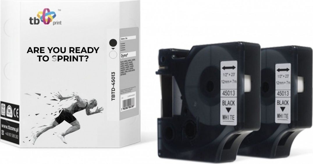 Лента за етикети TB Print TBTD-45013 за DYMO, 12мм x 7м, сет 2 парчиња, црно-бело