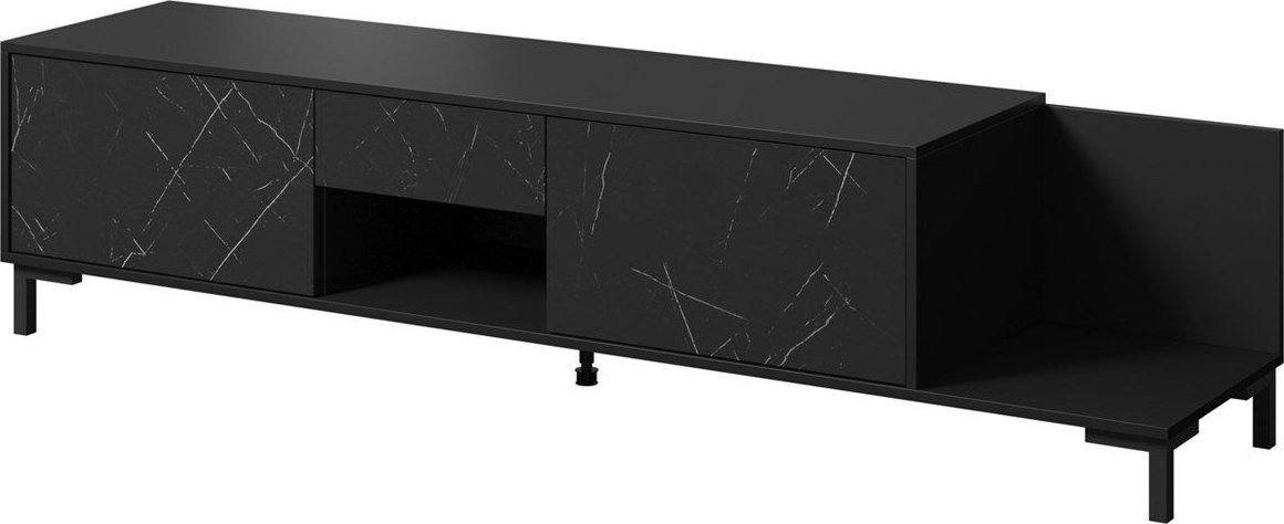Komodë TV Marmo 2D1S1K, 195x40x47.5 cm, efekt mermeri, e zezë mat