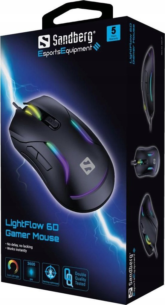 Maus gaming Sandberg LightFlow 6D, me kabllo, RGB, i zi