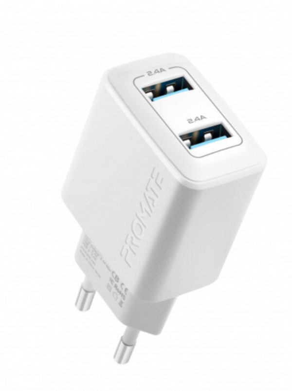 Karikues Promate BiPlug, 2xUSB-A, 2.4A, 12W, i bardhë