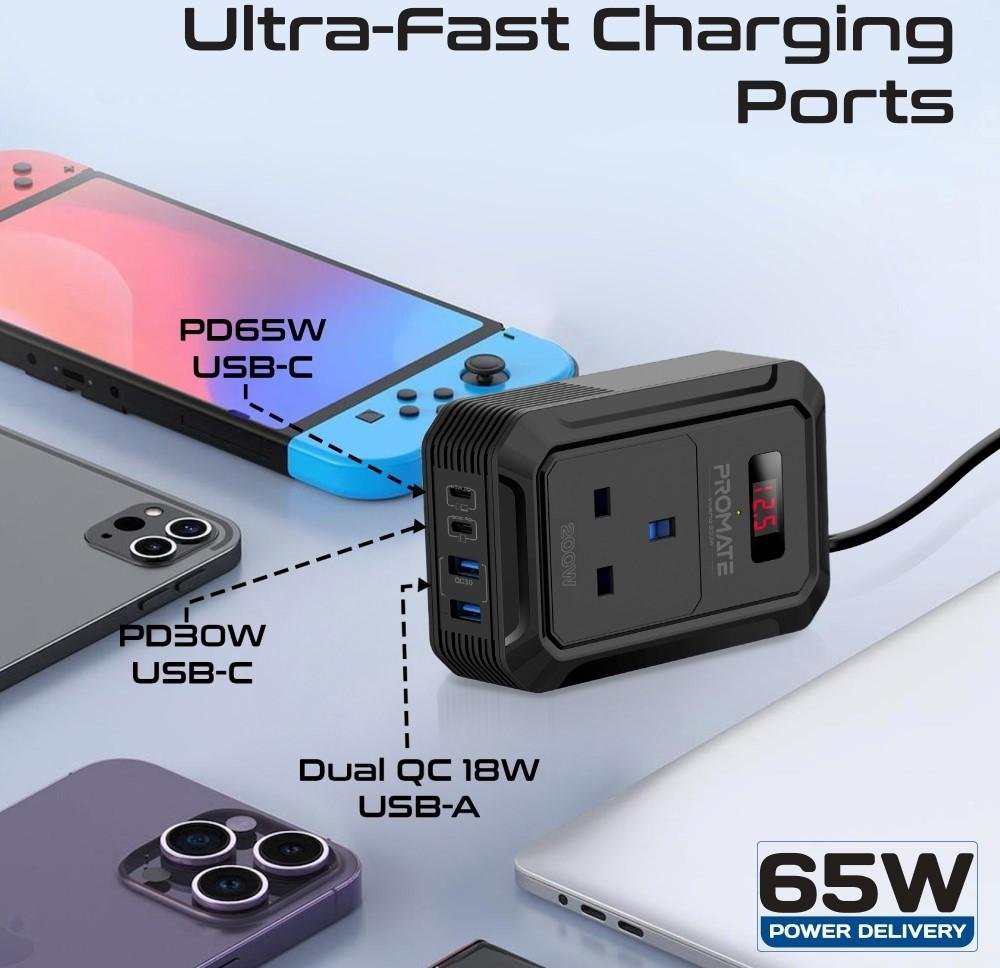 Инвертер за автомобил Promate Inverto 200W, излез AC 12V, USB C PD 65W, црн