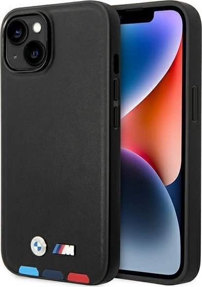 Mbulesë telefoni BMW Leather Stamp Tricolor për iPhone 14 Plus 6.7", lëkurë, e zezë