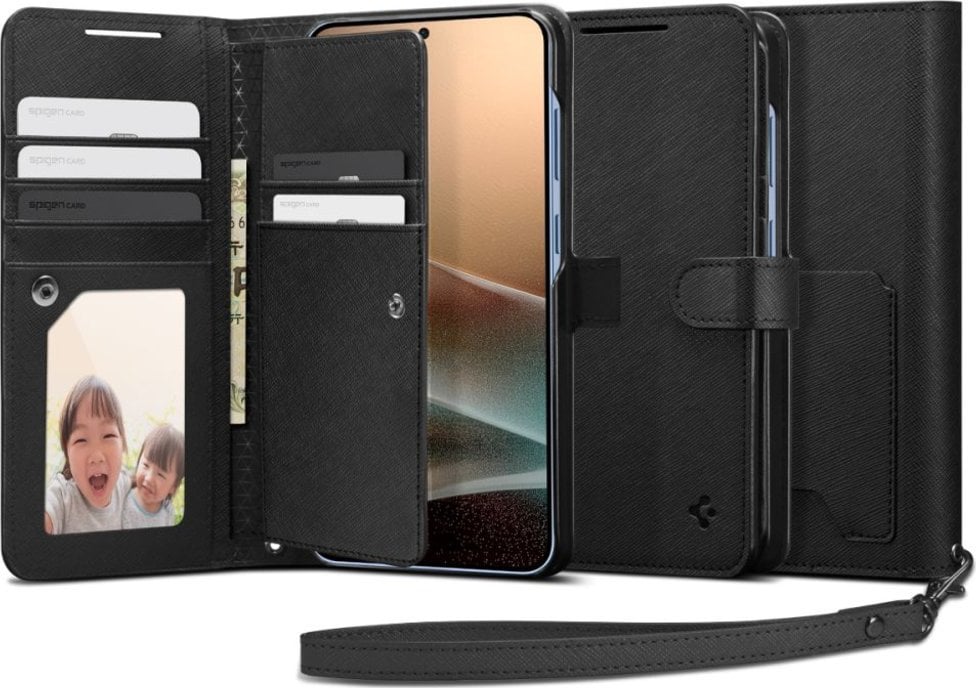 Kapak portofol Spigen Wallet S për Samsung Galaxy S25 Plus, TPU, imitim lëkure, i zi