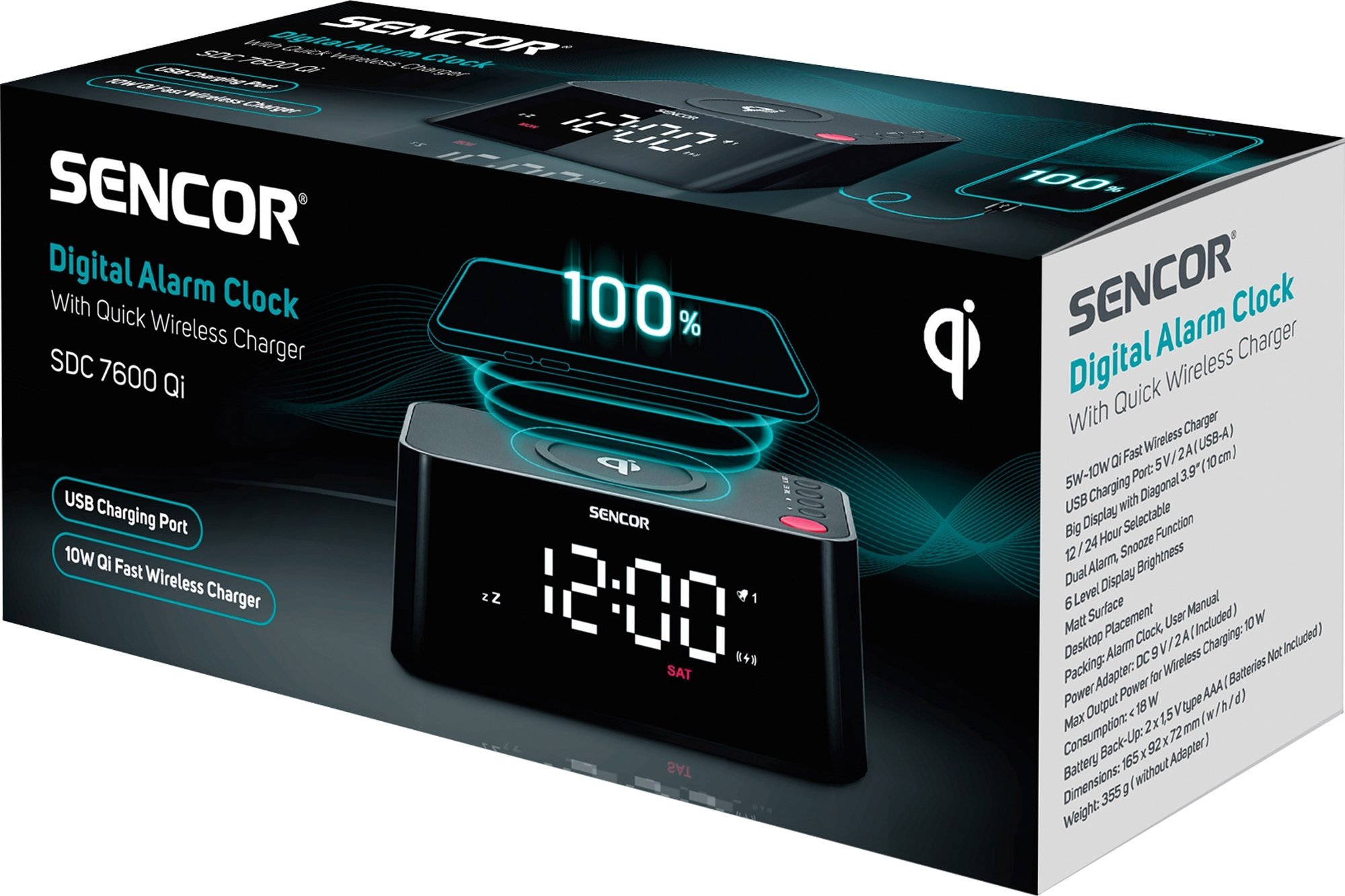 Дигитален аларм часовник Sencor, безжичен полнач 10W, USB, црн