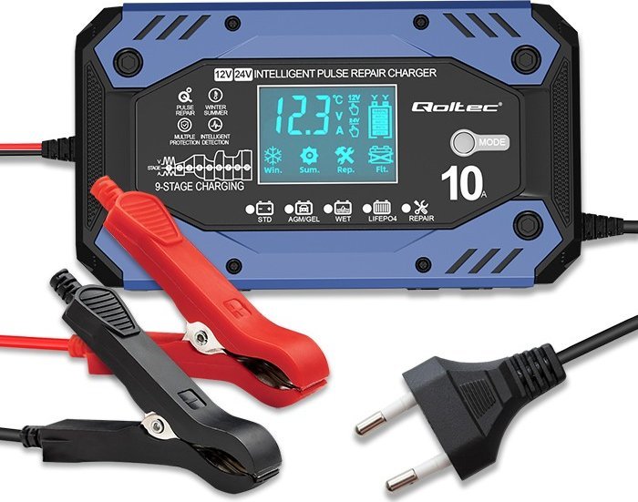 Karikues baterie Qoltec, 12 24V, 10A, me funksion riparimi, me ekran LCD