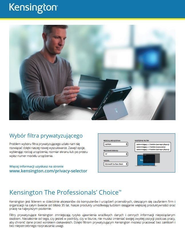 Filter privatësie për monitor Kensington, 20", 16:9, i zi