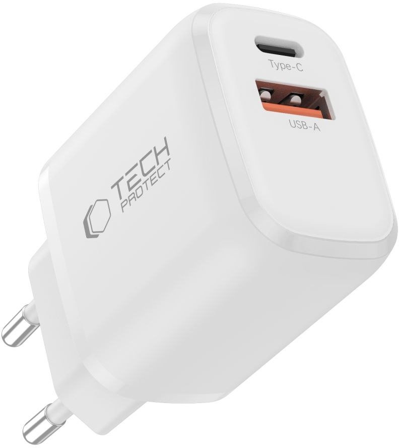 Полнач за ѕид Tech-Protect NCA30, 30W PD QC3.0, USB-A USB-C, бел