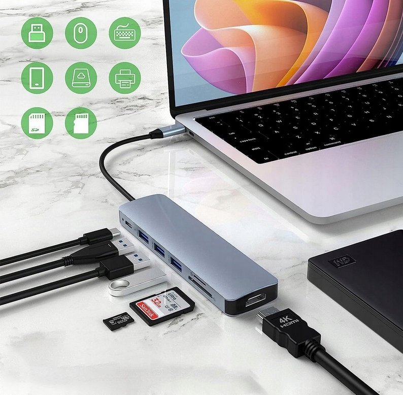 Adapter USB C Platinet Multimedia 7in1, HDMI, Power Delivery 100W, gri