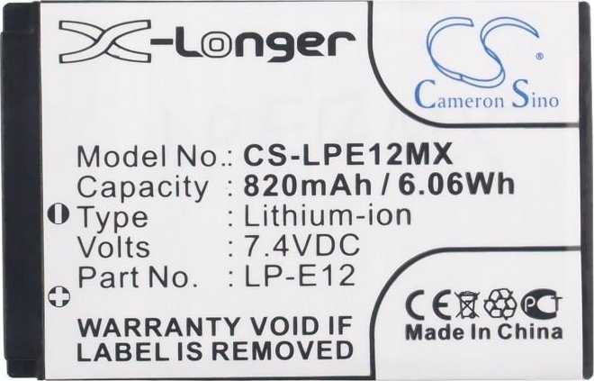Bateri për aparat fotografik Cameron Sino CS-LPE12MX, 820mAh, Li-ion, e zezë