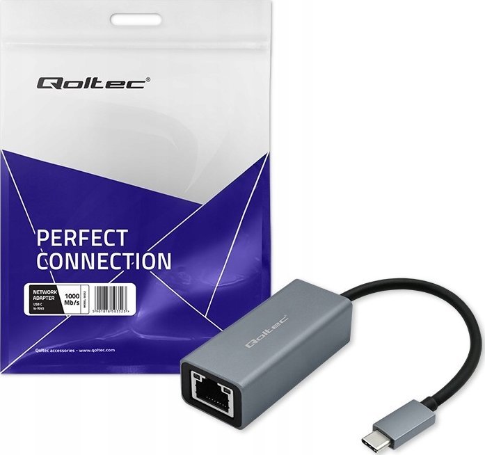 Adapter USB C në RJ45 Qoltec, Gigabit 1000 Mb/s, trup alumini, gri