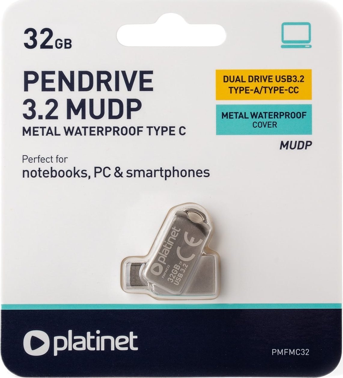 USB меморија Platinet 45970, 32GB, USB 3.2 и USB-C, метална отпорна на вода
