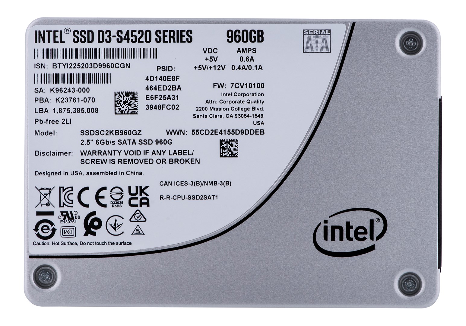 Disk SSD Intel D3-S4520, 960GB, 2.5" SATA