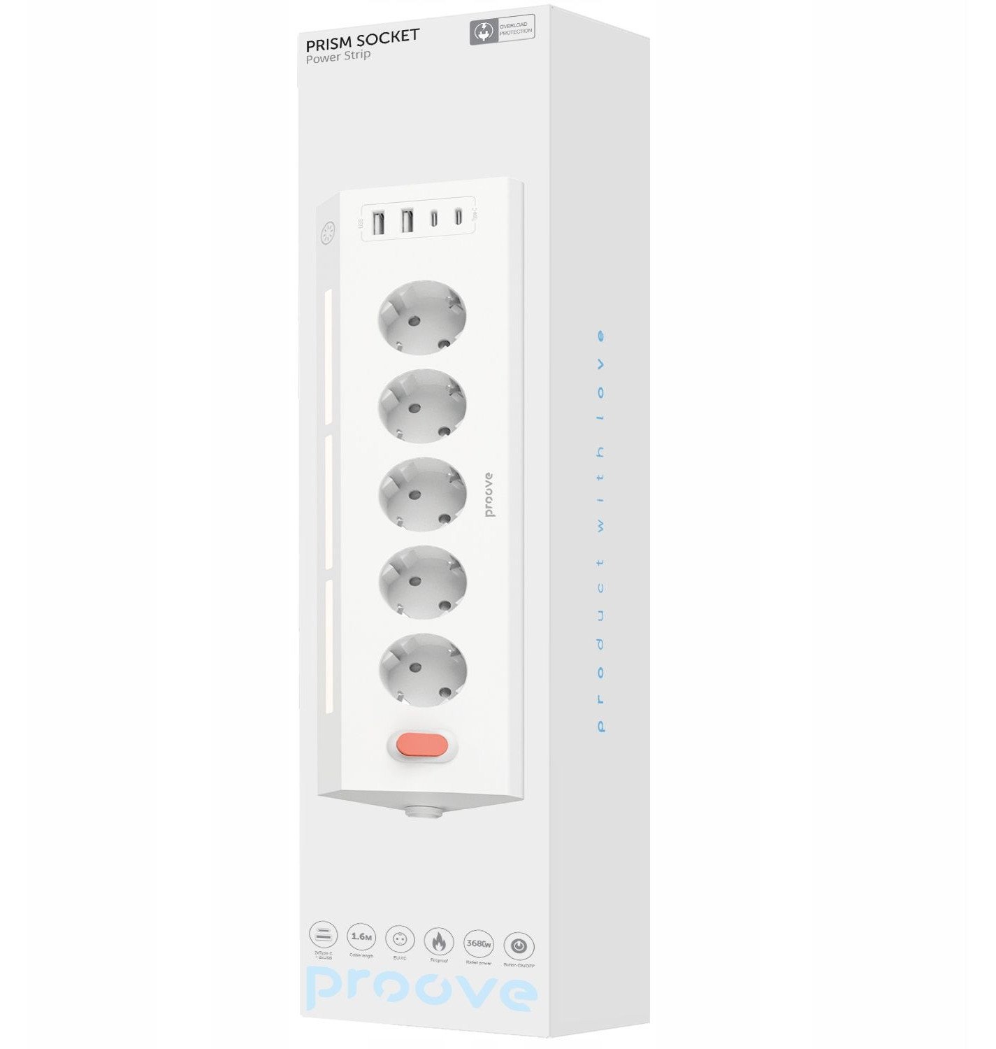 Zgjatues elektrik Proove Prism, 5x AC, 2x USB A, 2x USB C, 1.6 m