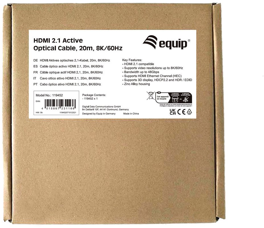 HDMI кабел Equip 2.1 Active Optical, 20 m, 8K 60Hz, црн