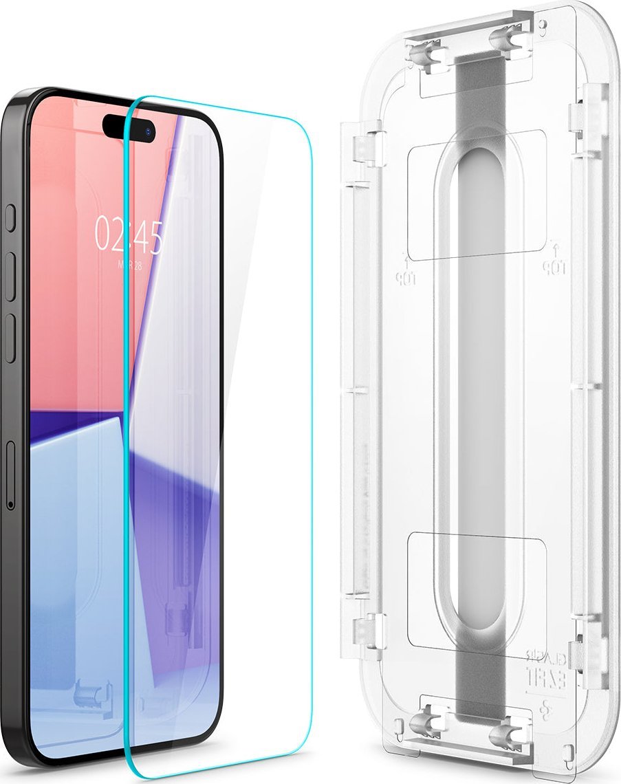 Заштитно стакло Spigen Glas.TR EZ Fit за iPhone 15 Pro, калено стакло, сет 2 парчиња, проѕирно
