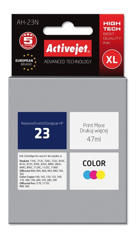 Ngjyrë për printer Activejet AH-23N (zëvendësim për HP 23 C1823D), 47 ml, e kaltër / vjollcë /  e verdhë