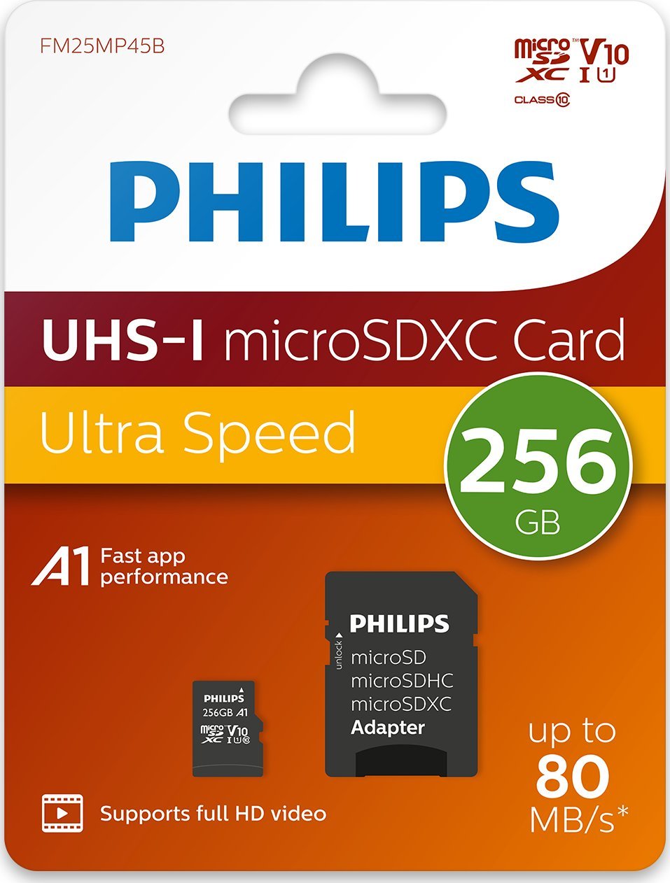 Kartë memorje Philips MicroSDXC, 256GB, Class 10 UHS I U1, me adapter