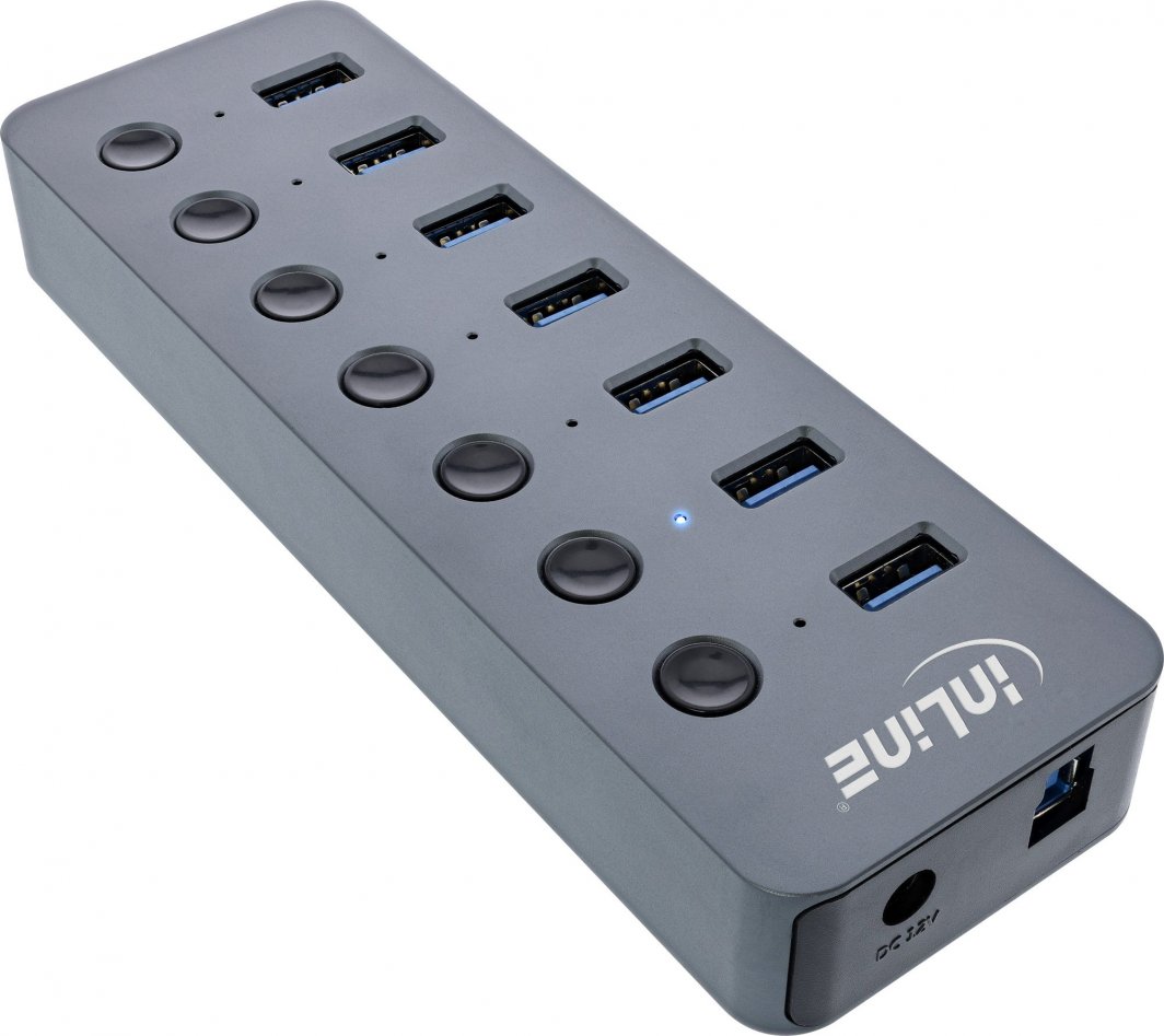 HUB USB InLine USB 3.2 Gen 1, 7 porta, me çelës, alumini, gri