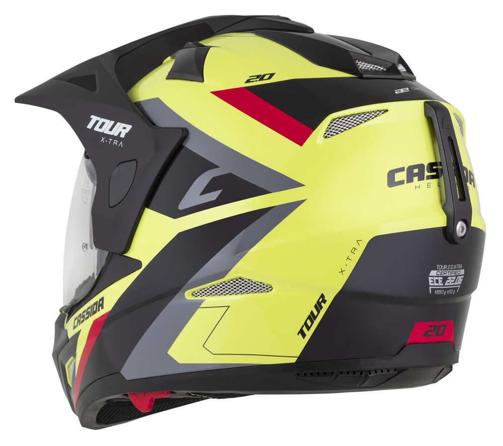 Helmeta moto Cassida Tour 2.0 X-tra, ECE 22.06, Pinlock ready, yellow fluo e zezë e kuqe gri
