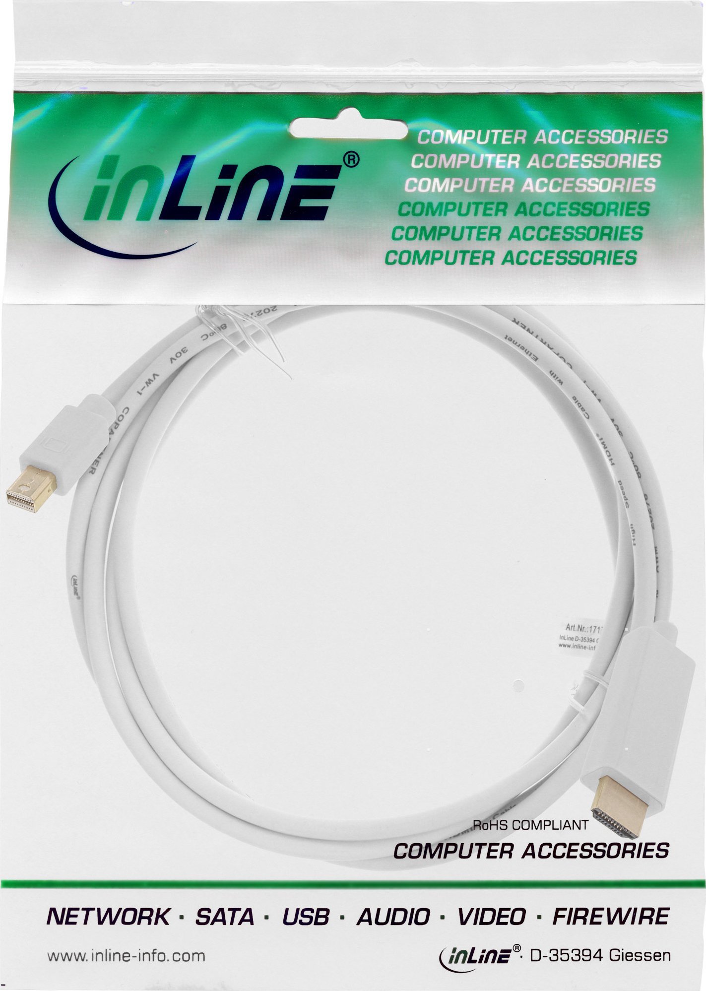 Kabllo Mini DisplayPort në HDMI InLine 17175I, 5m, 4K, e bardhë