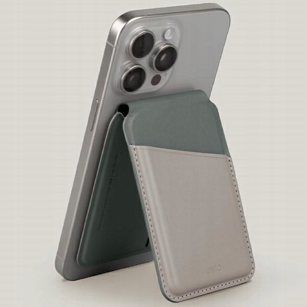 Portofol magnetik UNIQ Lyden DS, RFID, mbajtës telefoni, bezhë jeshile