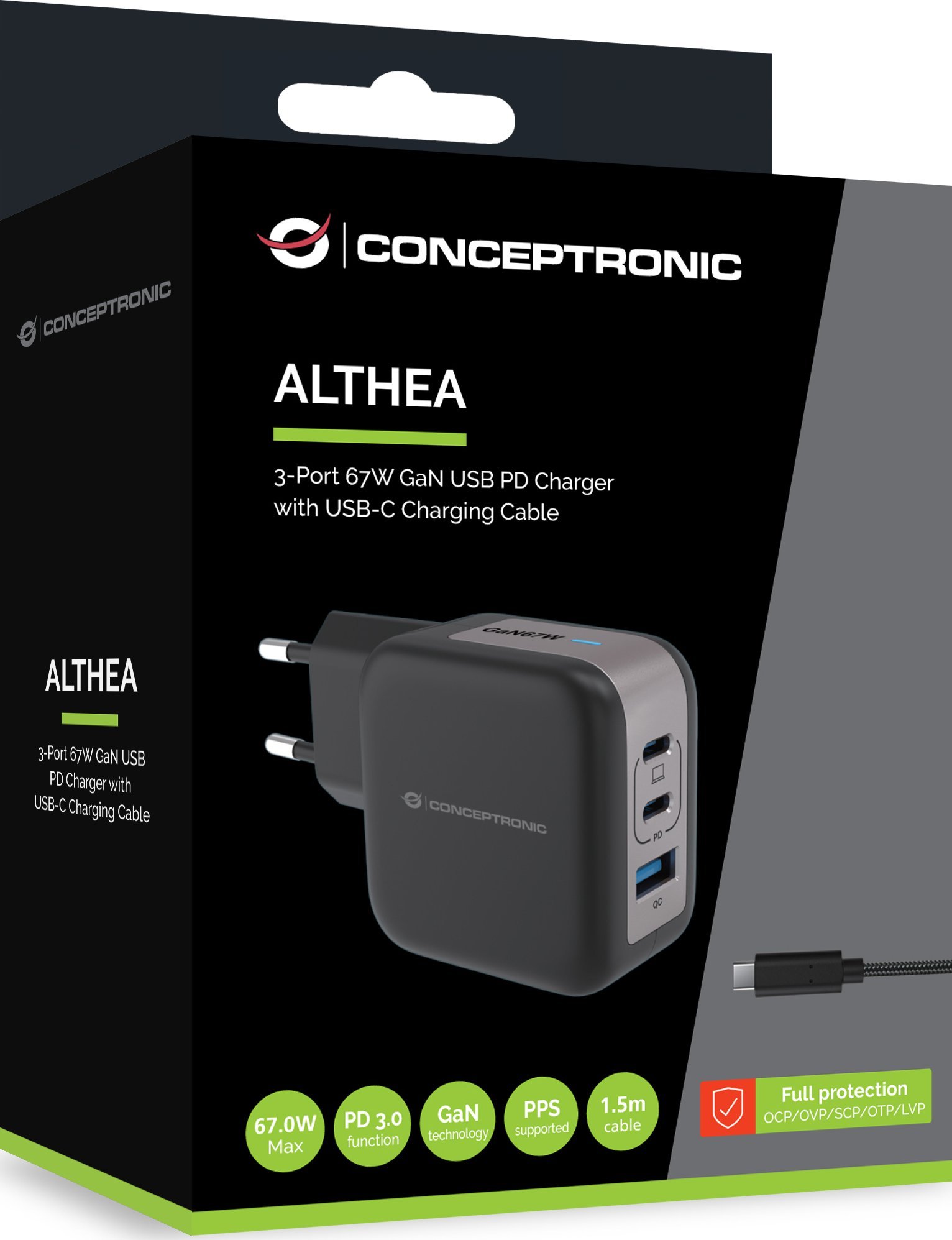 Karikues Conceptronic 3 Port GaN, 67W, USB PD dhe Quick Charge, i bardhë