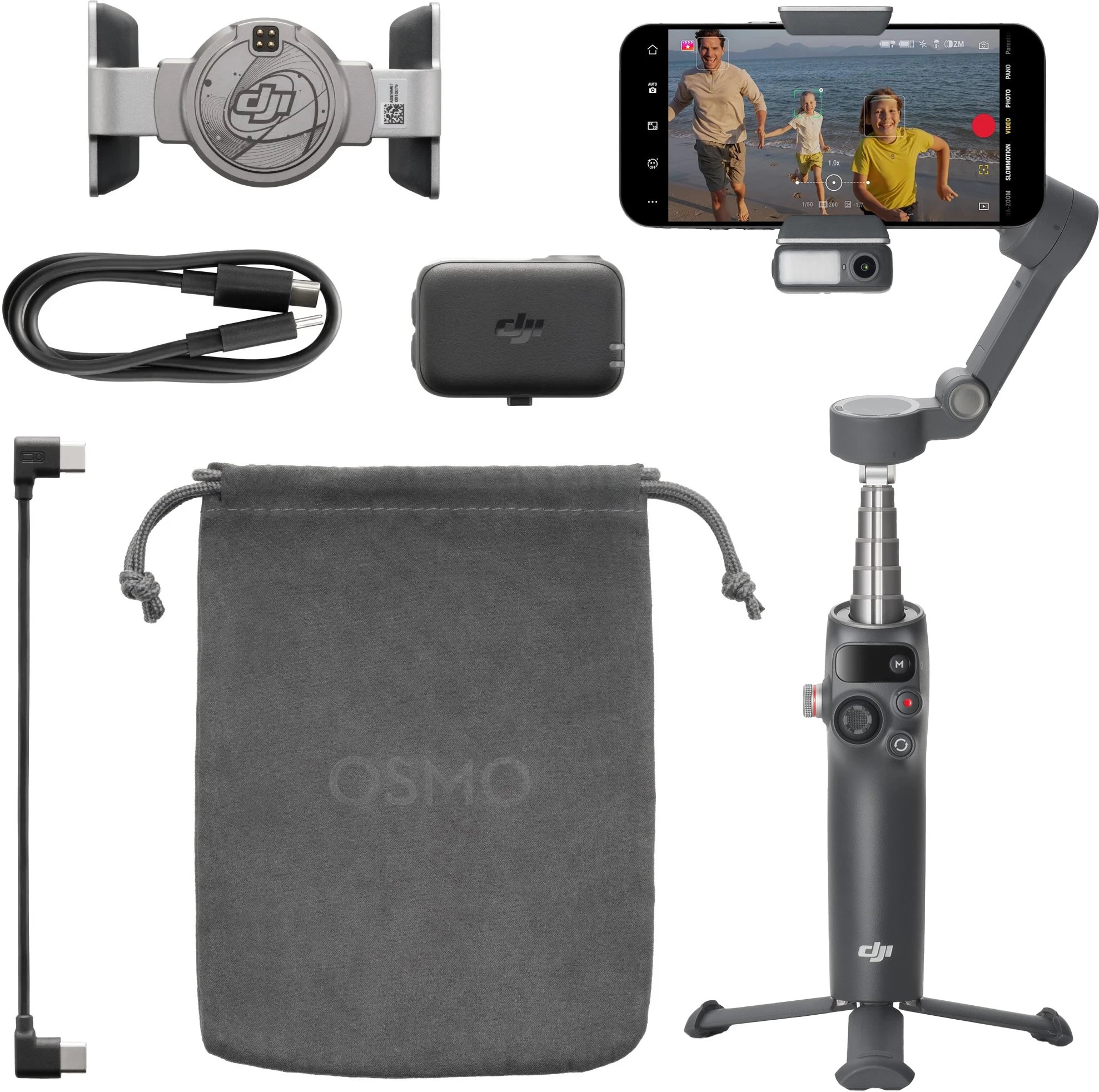 Стабилизатор за смартфон DJI Osmo Mobile 8, 3-осен гимбал, продолжлив стап, сив