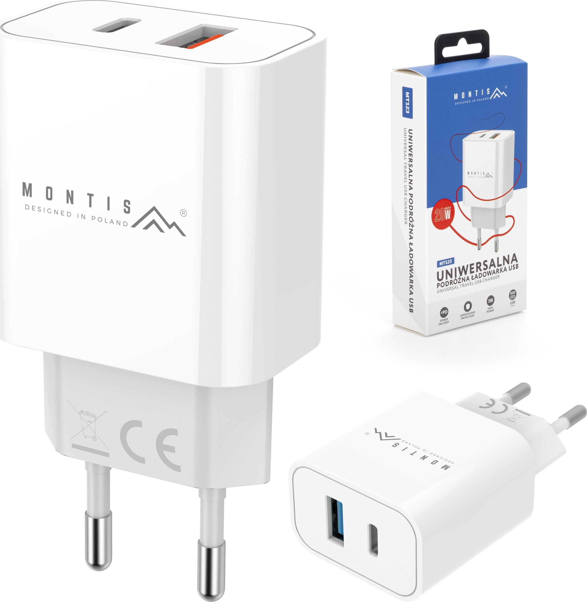 Мрежен полнач Montis MT123, 20W, 1x USB A 1x USB C, бело сив