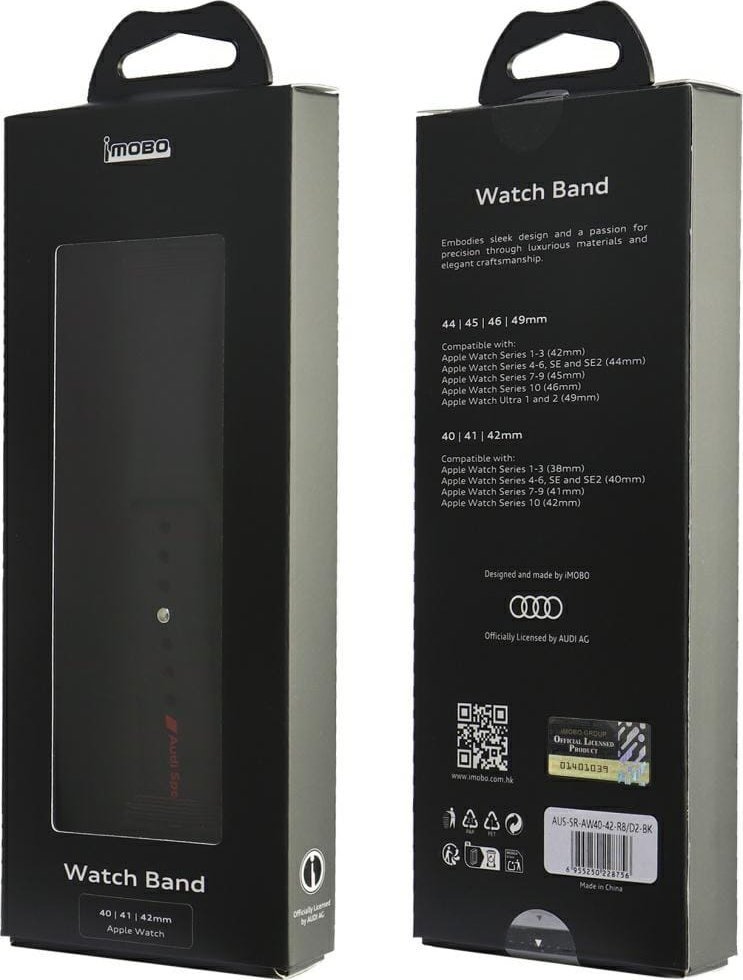 Ремче за рака Audi Sport за Apple Watch, силикон, 40 41 42mm, црно со црвено лого