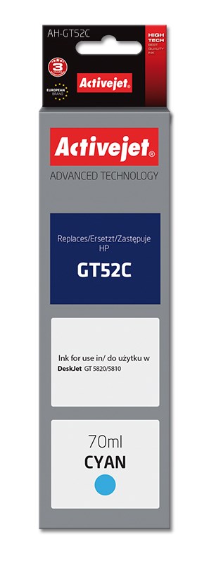 Ngjyrë për printer Activejet AH-GT52C (zëvendësim për HP GT52C M0H54AE), 70 ml, e kaltër