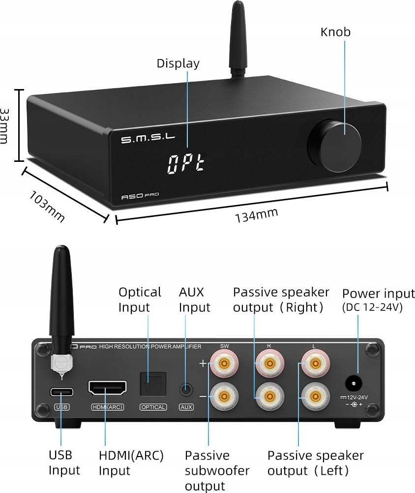 Amplifikator audio S.M.S.L A50Pro, 2.1 kanale, 100W, Bluetooth 5.0, i zi