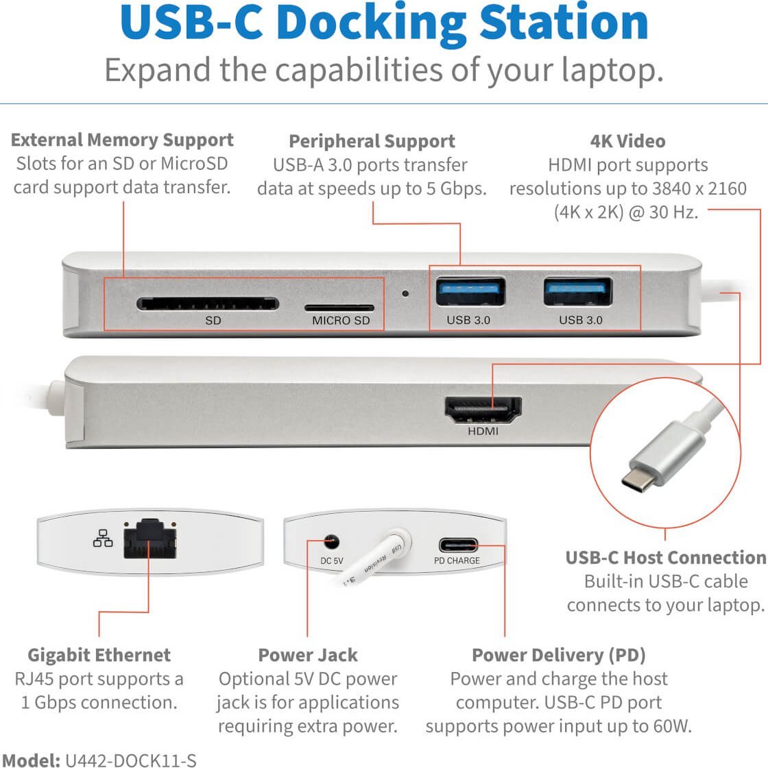 Stacion USB C Eaton Tripp Lite U442 DOCK11 S, HDMI 4K, PD 60W, argjend