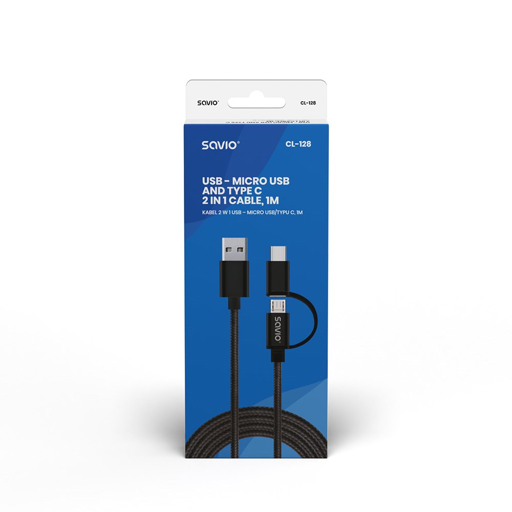 Kabllo Savio, USB A / USB C / Micro-USB A, 1 m, e zezë