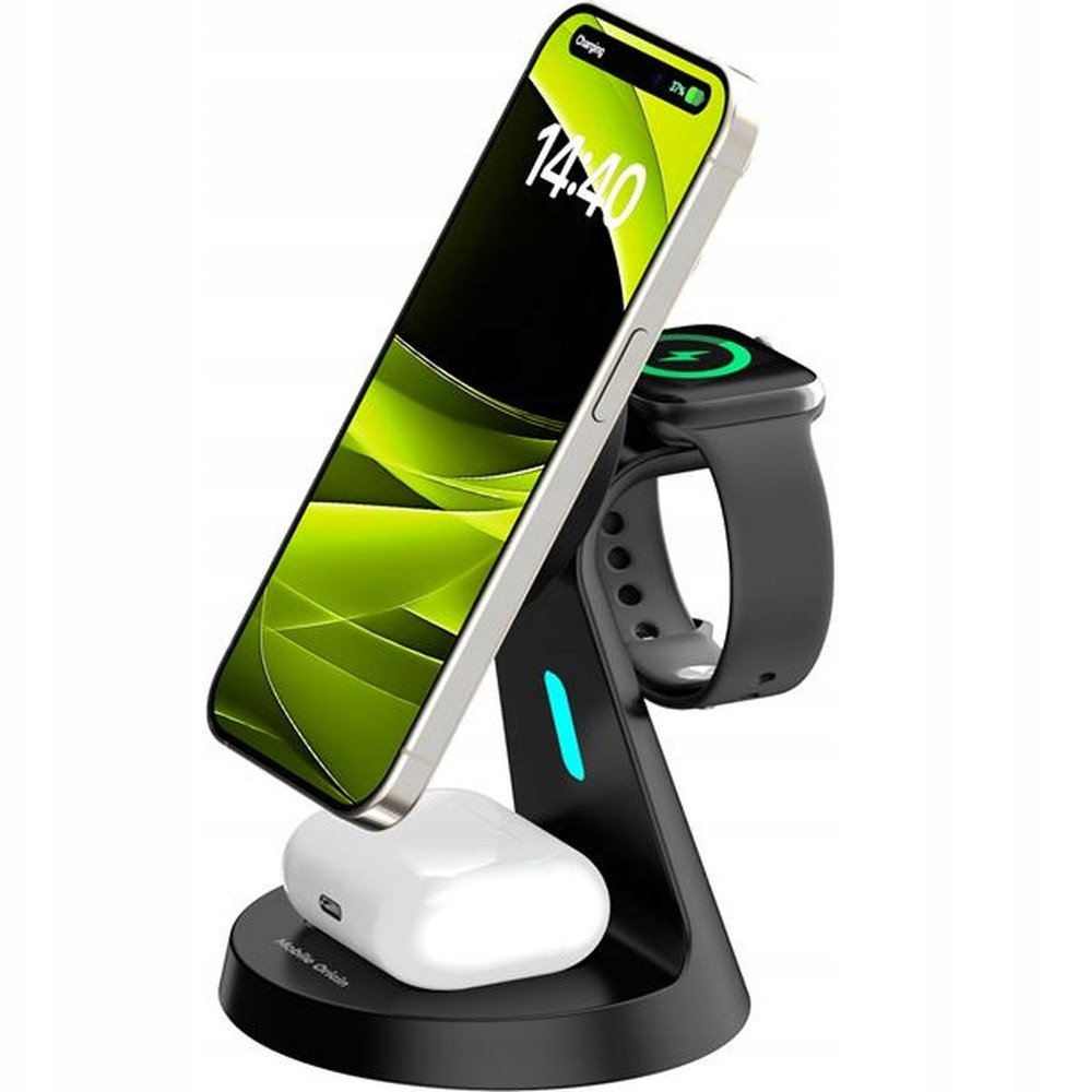 Karikues wireless 3n1 Mobile Origin PW9, me sustë magnetike MagSafe, për iPhone Apple Watch dhe kufje, i zi