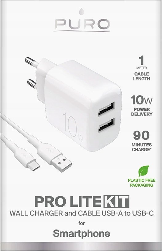Полнач за во ѕид Puro Charger, 10W, 2x USB A, бел