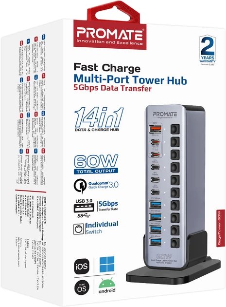 Hub kulle Promate GegaTower 60W, 14 në 1, USB 3.1 5Gbps, PD 48W, i zi