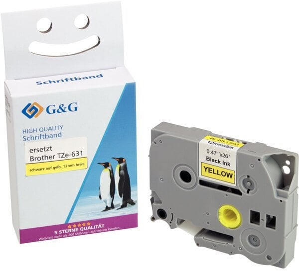 Лента за етикети G&amp;G, 12 mm, 8 m, жолта со црн печат