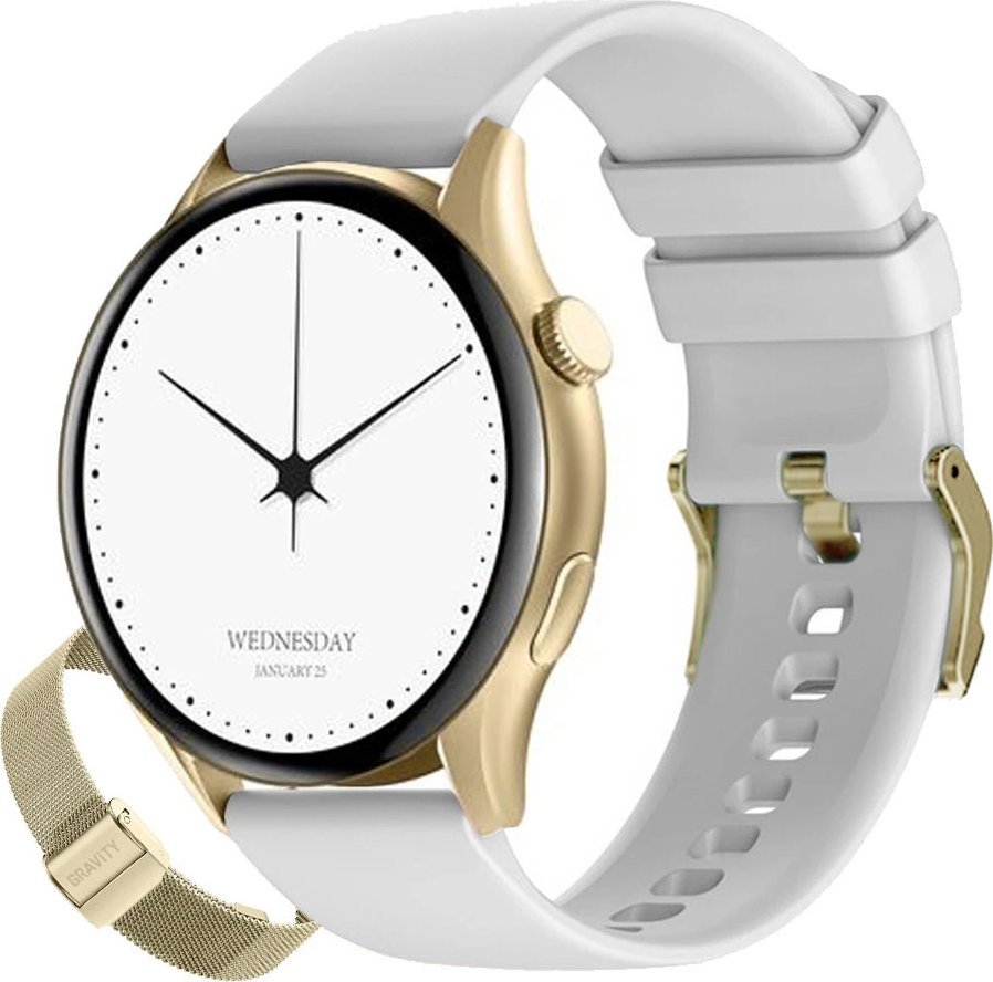 Smartwatch për gra Gravity GT11-2, ekran 1.43" AMOLED, Bluetooth 5.2, ari me rrip i bardhë