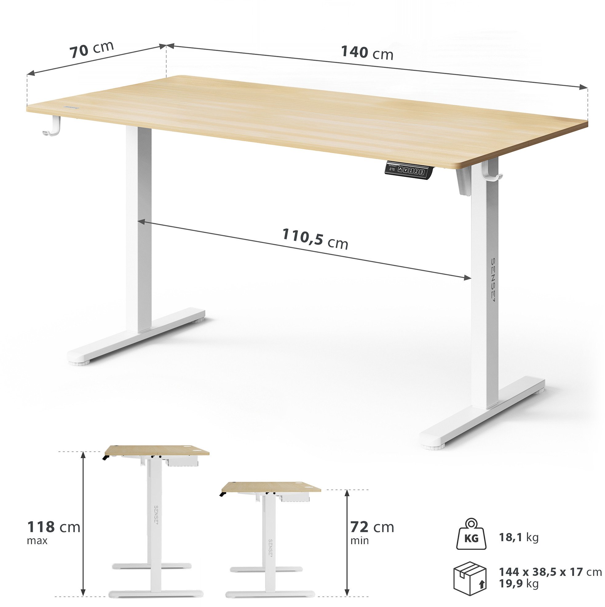 Tavolinë elektrike SENSE7 NOJO LIGHT, 140 x 70 cm, kafe e hapur / bardhë