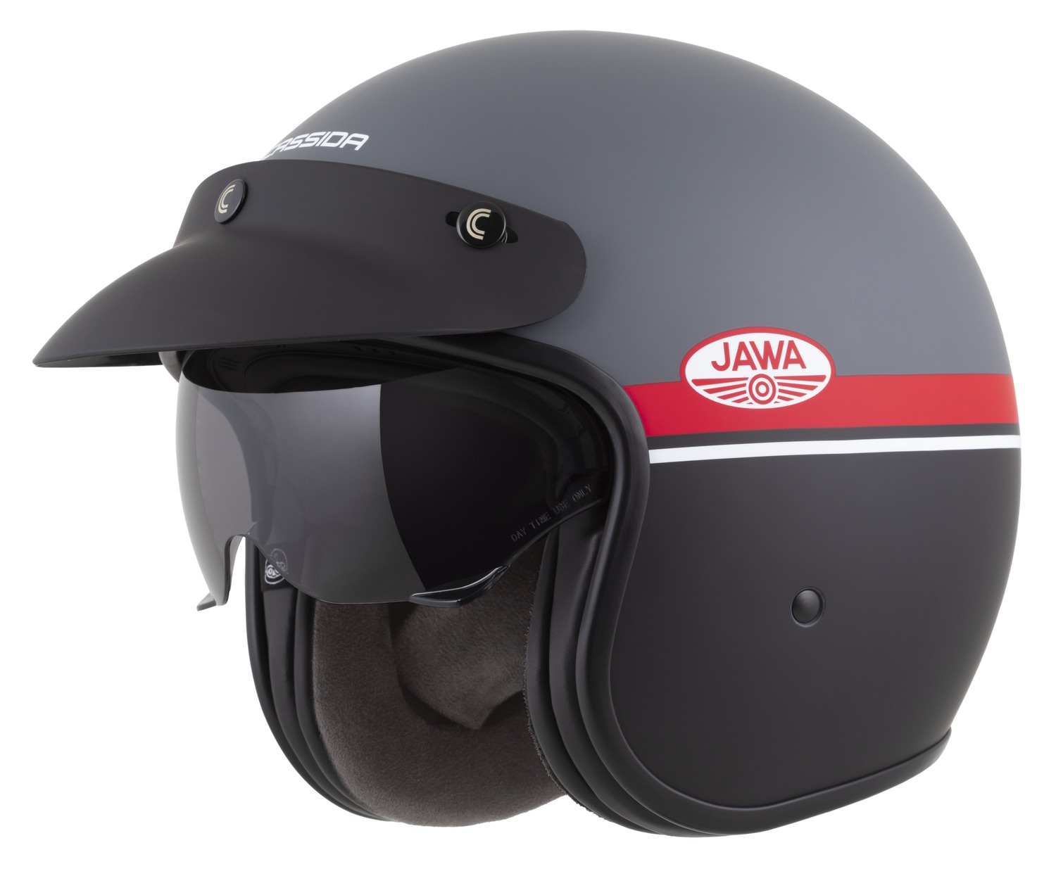 Мото кацига CASSIDA Oxygen 2.0 Jawa OHC, отворена, со внатрешен сенилник, сива мат црвена црна бела