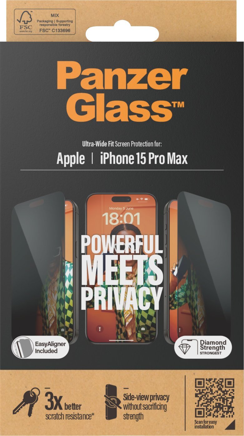 Mbrojtëse ekrani PanzerGlass Privacy për iPhone 15 Pro Max, Ultra Wide Fit, me EasyAligner