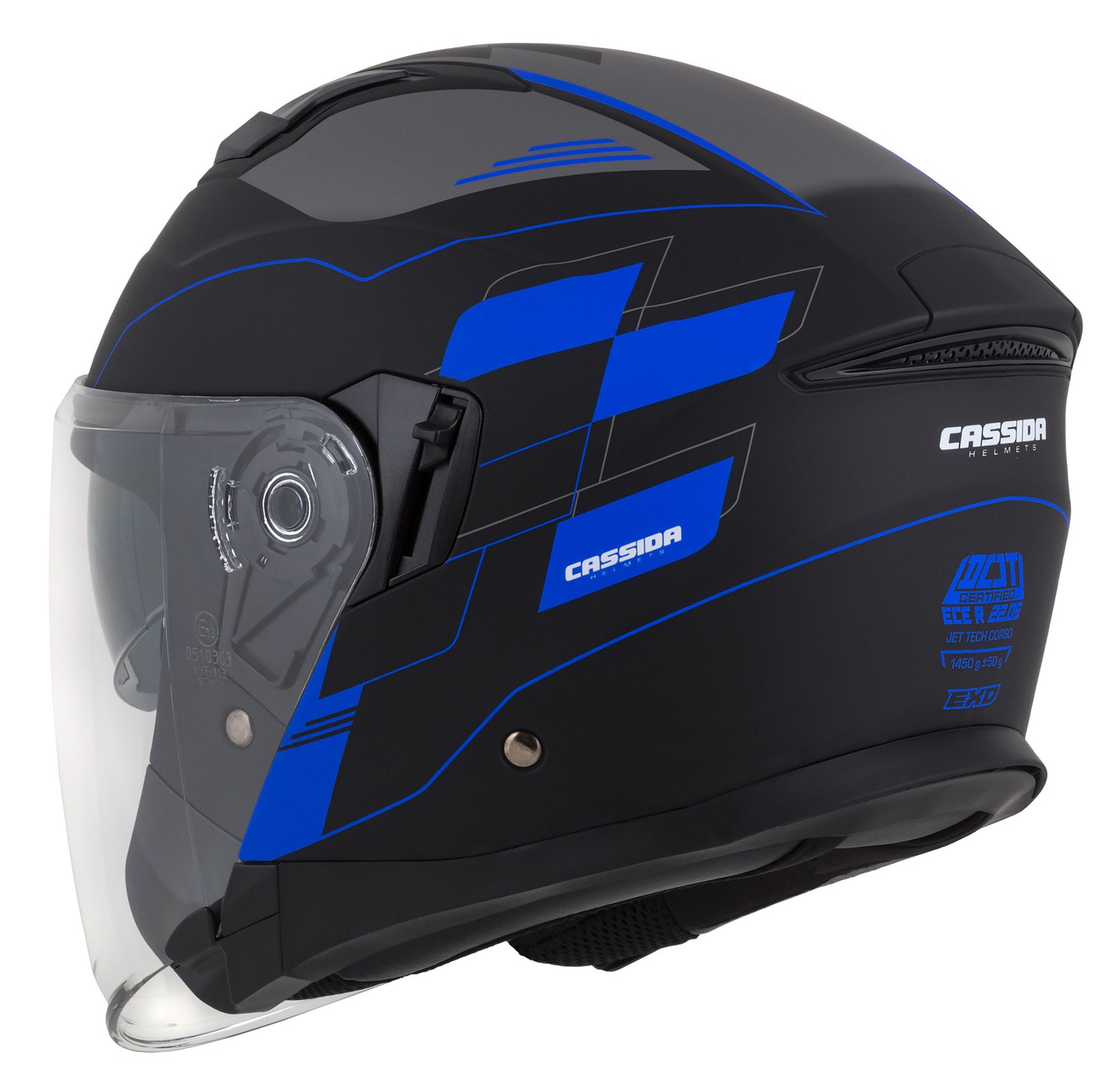 Helmeta jet Cassida Jet Tech RoxoR, polikarbonat, me diellore, e zezë mat me blu gri dhe e bardhë