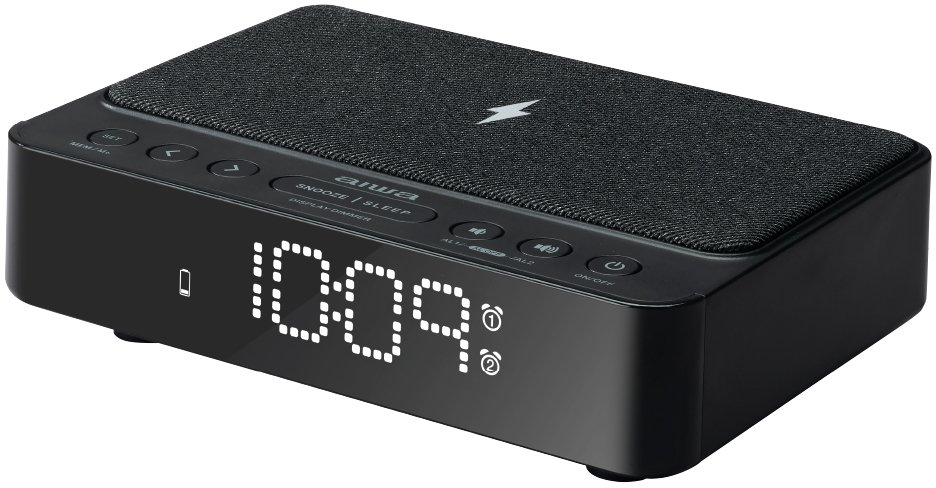Orë alarmi Aiwa CR-30, karikues wireless 5W, radio FM, e zezë