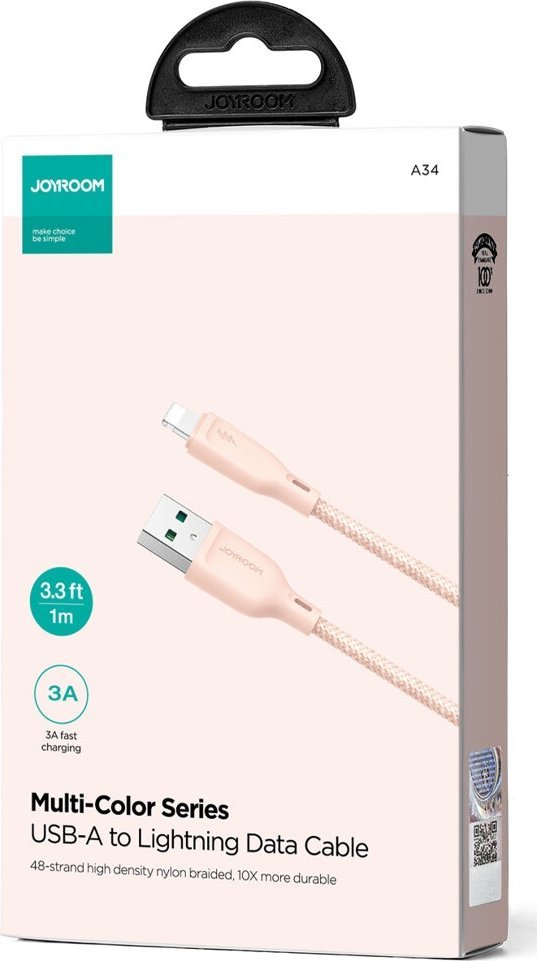 Kabllo karikimi Joyroom Multi-Color Series SA34-AL3, USB A në Lightning, 3A, 1m, rozë