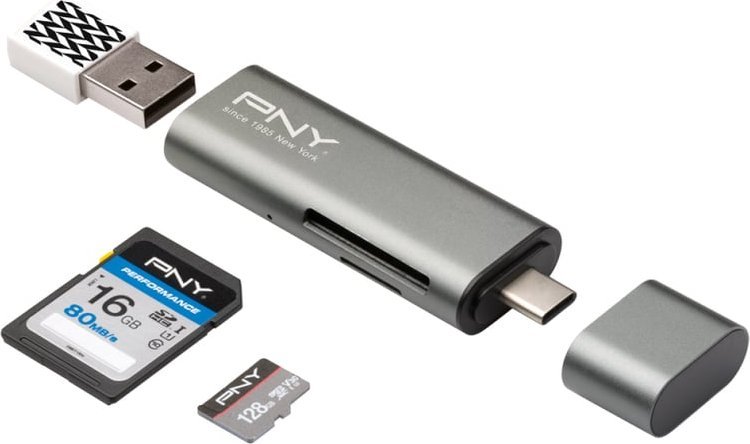 Lexues karte PNY R-TC-UA-3N1E01-RB, USB C dhe USB A, SD dhe microSD, gri